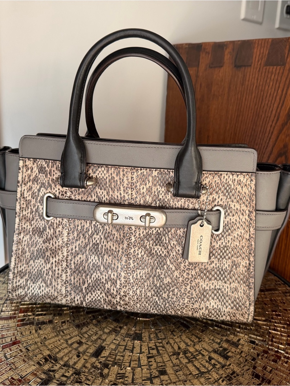 COACH Swagger 27 Taupe Snake-Print Satchel J1781-13735.